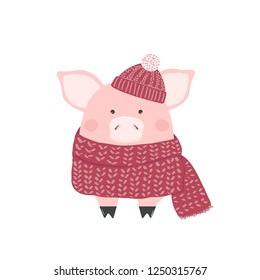 Cute little pig in red knitted scarf. Vector hand drawn illustration.