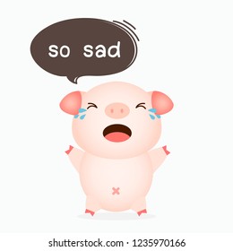 Cute Little Pig So Sad And Crying. Piglet Cartoon Character Vector Illustration. 