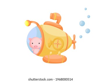 Cute little pig sail on yellow submarine. Cartoon character for childrens book, album, baby shower, greeting card, party invitation, house interior. Vector stock illustration.