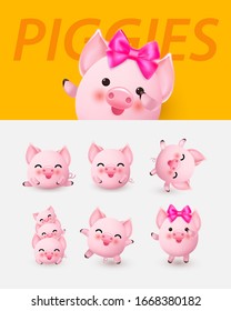 Cute little pig set. Chinese New Year mascot of the pig. Vector illustration.