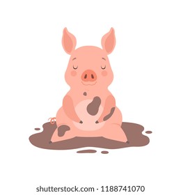 Cute little pig sitting in a dirty puddle, funny piglet cartoon character vector Illustration on a white background