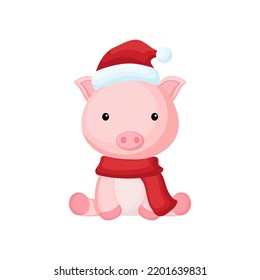 Cute little pig sitting in a Santa hat and red scarf. Cartoon animal character for kids t-shirts, nursery decoration, baby shower, greeting card, invitation. Isolated vector stock illustration