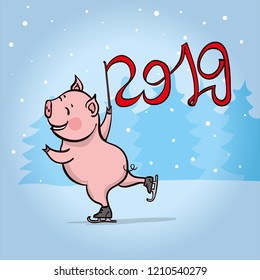 Cute little pig skates. Symbol of the year 2019.