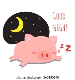 cute little pig sleeping with good night text vector illustration