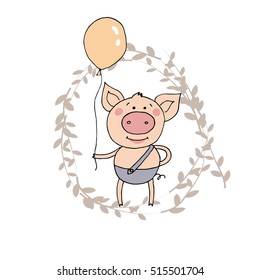 Cute little pig standing with the balloon in a hand. Funny vector illustration in cartoon style on background with branch with leaves
