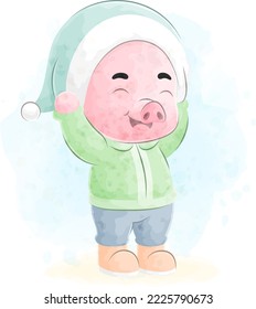 Cute little Pig with watercolor illustration