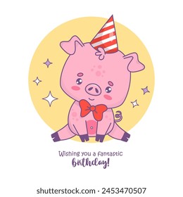 Cute little pig wearing bowtie and birthday cap. Vector illustration. Festive happy birthday card with funny cartoon kawaii animal character