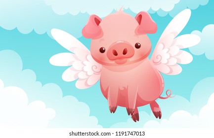 Cute little pig with wings flying among the clouds and a blue sky in the background. Vector illustration.