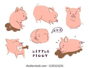 Cute little piggies. Colored vector set. All elements are isolated