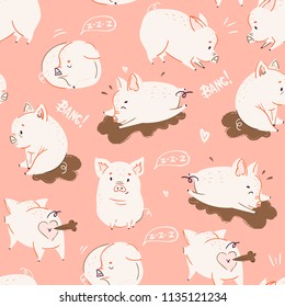 Cute little piggies. Colored vector seamless pattern. Pink background