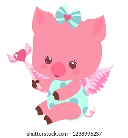 Cute little piggy fairy with pink heart for valentine's day or birthday. Nice sticker or card for your loved ones.
