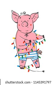 Cute little piggy with garland. Colored vector illustration