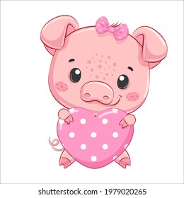 Cute little piggy with a heart. Cartoon vector illustration.