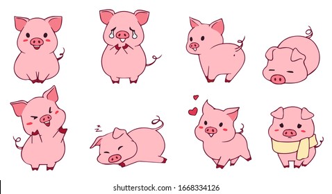 Cute little piggy set. Hand drawn vector illustration. Funny emoji. Isolated on white background.