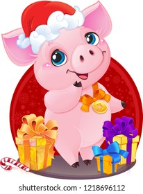 Cute Little Piglet with Christmas Gifts for the New Year 2019.
Yellow Earthy Pig for the New Year 2019. Cute Symbol of Chinese Horoscope. 
