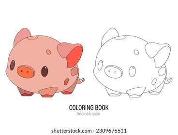 Cute little piglet with a kind smiling face and big eyes. Vector pet illustration drawn in a simple graphic line art style. Coloring book page design with outline and colored versions