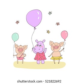 Cute little pigs and baby hippo standing with the balloon in a hand. Funny vector illustration in cartoon style on white background with butterflies