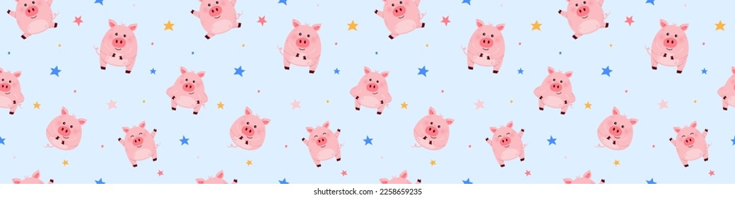 Cute little pigs on blue background. Seamless pattern. Panoramic header. Vector illustration