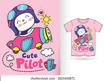 Cute little pilot cat illustration for t shirt