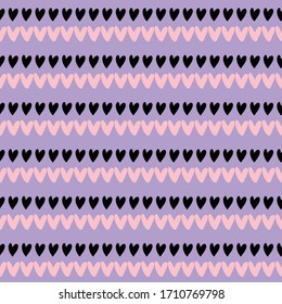 Cute little pink and black hearts on purple background. Vector seamless pattern. Simple design for cards, wrap, fabric, scrapbooking.