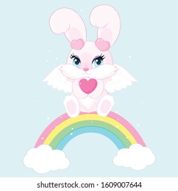 Cute little pink bunny girl with angel wings and heart on a rainbow. Children's character. Fluffy pet for valentine's day.