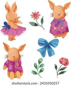 Cute Little Pink Bunny Watercolor Illustration