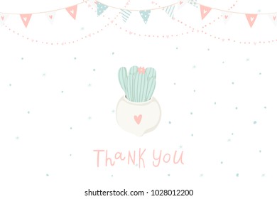 Cute Little pink cacti hand drawn illustration could use as card, tag, poster, label template design. Thank you card