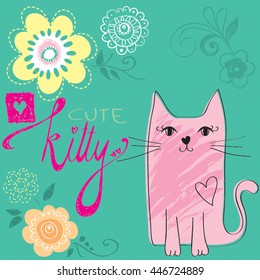 Cute Little Pink Cat Kitty Tattoo Vector Illustration
