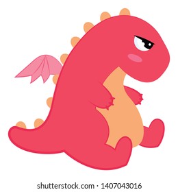 Cute little pink dinosaur with big eyes, two short arms, two short legs, one small tail with wings, vector, color drawing or illustration. 