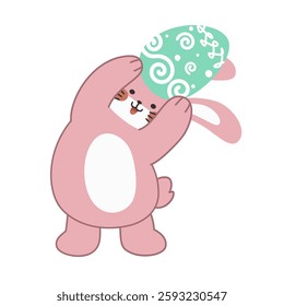 Cute little pink Easter bunny carrying an Easter egg design cartoon vector illustration isolated on white background. Cute smiling little rabbit with an pattern painted egg.