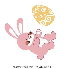 Cute little pink Easter bunny carrying and lying with an Easter egg design cartoon vector illustration isolated on white background. Cute smiling little rabbit with an pattern painted egg.