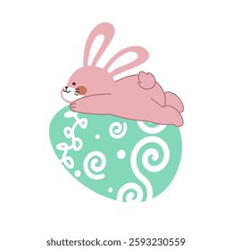 Cute little pink Easter bunny carrying and lying on an Easter egg design cartoon vector illustration isolated on white background. Cute smiling little rabbit with an pattern painted egg