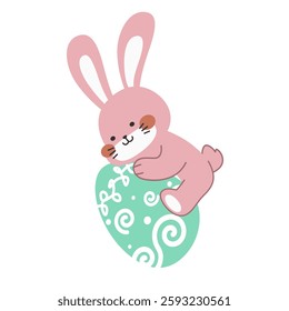 Cute little pink Easter bunny carrying and lying on an Easter egg design cartoon vector illustration isolated on white background. Cute smiling little rabbit with an pattern painted egg.