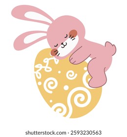 Cute little pink Easter bunny carrying and lying on an Easter egg design cartoon vector illustration isolated on white background. Cute smiling little rabbit with an pattern painted egg.