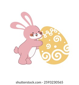 Cute little pink Easter bunny carrying an Easter egg design cartoon vector illustration isolated on white background. Cute smiling little rabbit with an pattern painted egg.