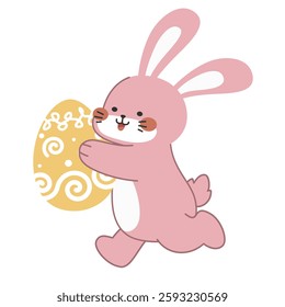 Cute little pink Easter bunny carrying an Easter egg design cartoon vector illustration isolated on white background. Cute smiling little rabbit with an pattern painted egg.