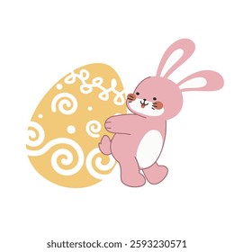 Cute little pink Easter bunny carrying an Easter egg design cartoon vector illustration isolated on white background. Cute smiling little rabbit with an pattern painted egg.