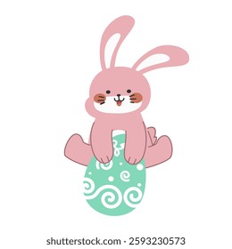 Cute little pink Easter bunny carrying an Easter egg design cartoon vector illustration isolated on white background. Cute smiling little rabbit with an pattern painted egg.