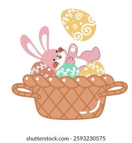Cute little pink Easter bunny lying inside an Easter egg basket cartoon flat vector illustration isolated on white background. Cute smiling little rabbit with an pattern painted egg.