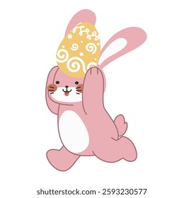 Cute little pink Easter bunny carrying an Easter egg design cartoon vector illustration isolated on white background. Cute smiling little rabbit with an pattern painted egg
