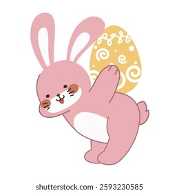 Cute little pink Easter bunny carrying an Easter egg design cartoon vector illustration isolated on white background. Cute smiling little rabbit with an pattern painted egg