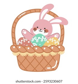 Cute little pink Easter bunny lying inside an Easter egg basket cartoon flat vector illustration isolated on white background. Cute smiling little rabbit with an pattern painted egg.