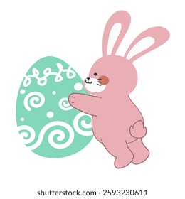 Cute little pink Easter bunny carrying an Easter egg design cartoon vector illustration isolated on white background. Cute smiling little rabbit with an pattern painted egg