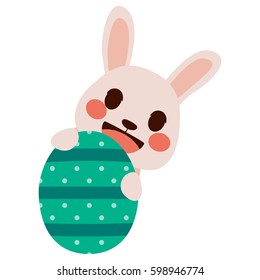 Cute little pink Easter bunny hiding behind decorated egg