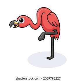 Cute little pink flamingo cartoon posing