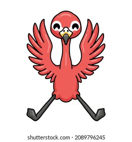 Cute little pink flamingo cartoon raising hands