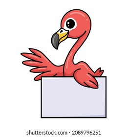 Cute little pink flamingo cartoon with blank sign