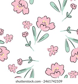 Pequeñas flores rosadas lindas en el fondo azul Ilustración vectorial sin patrón