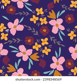 cute little pink flowers seamless pattern background. . Golden tone on black.