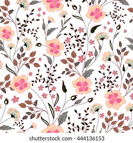 cute little pink flowers seamless pattern background. vector. Pastel pink beige gray on white backdrop.